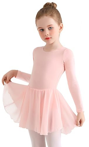 Eisnnu Kinder Ballettkleidung Mädchen Baumwolle Lange Ärmel Tanzkleid mädchen Ballettrock Balletttrikot Ballettanzug mit Chiffon Rock Tütü 2-11 Jahre (Rosa, 150)