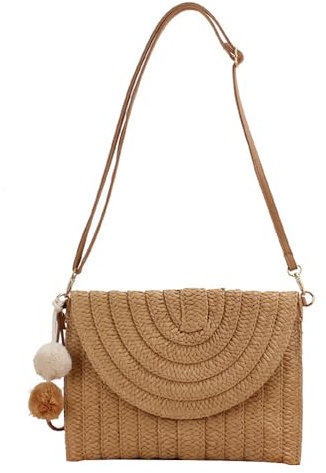 TOFBS Strandtasche Damen Stroh Clutch Handtasche Umschlag Tasche Flache Korbtasche Sommer Gewebte Schultertaschen mit Schultergurte Boho Stil für Strand Urlaub Reisen (Hellbraun)