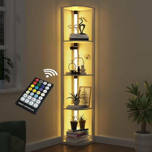 VTRIN Eckregal mit Licht, Stehlampen mit Regalen für Wohnzimmer, kleiner Raum, moderne Wohnkultur, Ständer, stabiles 5-stöckiges Eck-Bücherregal, Schrank, Ausstellungsregal für Sammlerstücke, Weiß