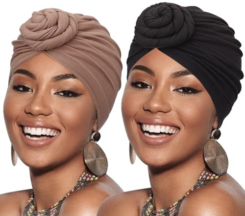 Afrikanische Frauen-Turban-Kappen, vorgebunden, gedrehte Turbane, Kopftuch für Frauen, Haarwickel, Beanie, Krebs, Chemo-Kopfbedeckung, 2er-Pack gedrehte Zöpfe: Floral F, Einheitsgröße