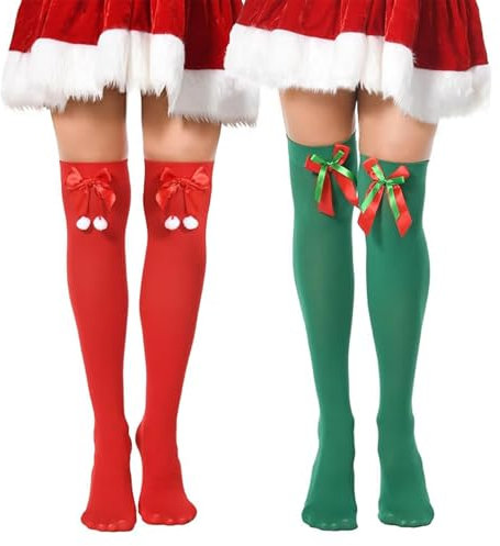 volumoon 2 Paar Weihnachten Overknees Strümpfe, Kniestrümpfe Weihnachten Miss Santa, Überkniestrümpfe Weihnachtens, Damen Weihnachtsstrümpfe, Overknee Strümpfe für Mädchen Cosplay