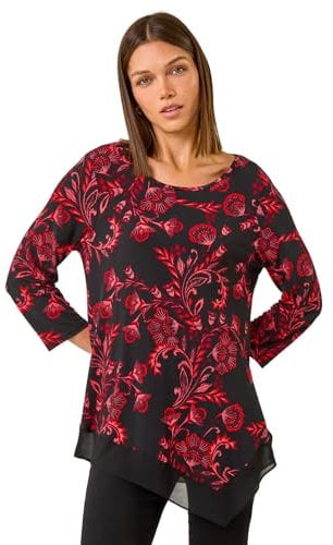 Roman Originals Chiffon Hem Top for Women UK - Ladies Asymmetric Hemline Stretchy Blouse Summer Spring Evening Vacation Work Holiday Short & Long Sleeve Smart Casual - Red - Size 18