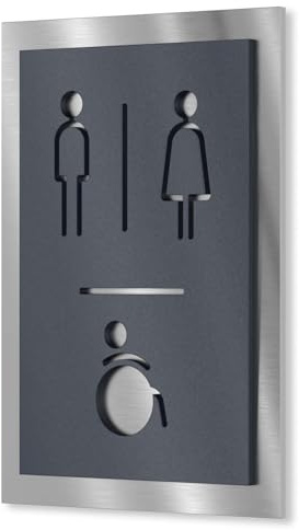 Urhome WC Mann Frau Barrierefrei Schild aus V2A Edelstahl 160x110-250x175mm Anthrazit Metallic Rollstuhl - Piktogramm Toiletten Schild rostfrei - Infoschild für Wand Tür Innen und Außen