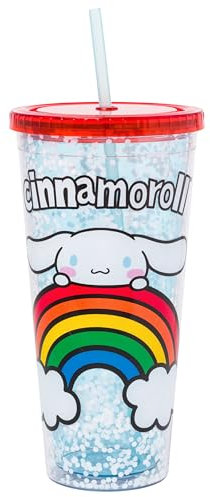 Silver Buffalo Sanrio Hello Kitty and Friends Cinnamoroll Rainbow Plastic Confetti Cold Cup with Lid and Straw, 32 Ounces