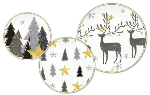 DKD Home Decor Vajilla Blanco Gris Dorado Porcelana Reno Navidad 18 Piezas 27 x 27 x 2 cm