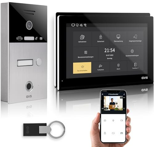 GVS - IP Video Türsprechanlage mit Türöffner, Fingerprint & RFID, HD Kamera, 2X 10 Zoll Monitor & App - Smarte Video Türklingel mit Kamera & Gegensprechanlage für 1 Familienhaus (AVS5529A)