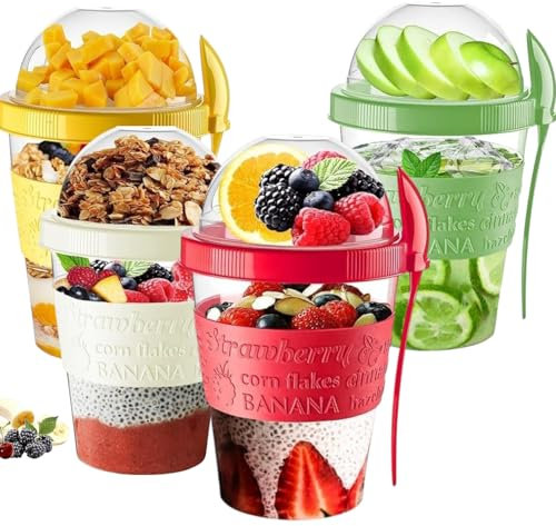 Pro Home Yoghurt Pots 600ml With Lid & Spoon Airtight Dishwasher Safe BPA Free Muesli Cereal Cups Overnight Oats Jar Storage On The Go Yogurt Container (Pack-4 Red,Yellow, Green,Cream)
