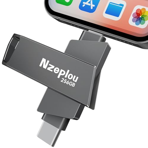 Nzeplou 256GB Flash Drive für iPhone iPad, USB 3.0 High-Speed-Speicherstick für iPhone 15/16 Pro 4K ProRes Aufnahme, externes Laufwerk Kamera Backup für Fotos, Videos und Dateien, Plug & Play (Space