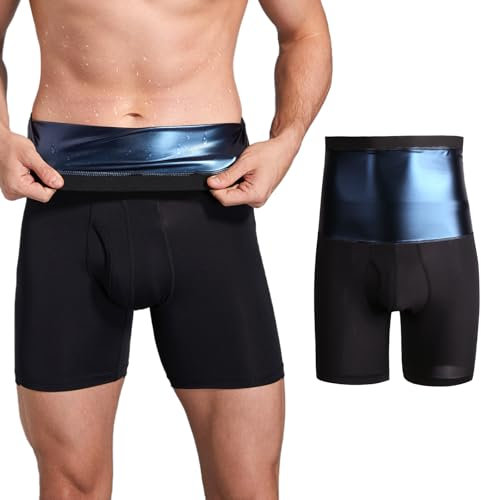 GENEMEN Herren Sauna Kurze Hosen Workout Kompression Sweat Shorts Bauchkontrolle Shapewear Hohe Taille (Shorts Blau, 2XL)