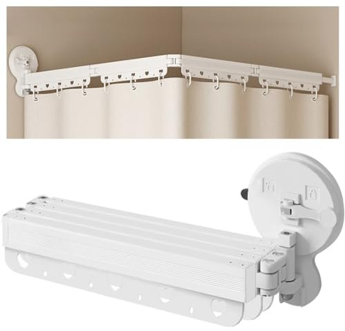 EHERDM Wandmontierte, faltbare Duschvorhangstange, stanzfreie Saugnäpfe, 360° faltbar, Duschvorhangstange für Badezimmer, Ecke, Badewanne, einziehbarer Wäscheständer, 4-fach, 137,2 cm