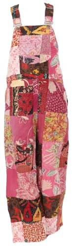 GURU SHOP Patchwork Upcycling Latzhose, Unisex Boho Overall, Baumwoll Latzhose mit Geradem Bein - Rot/bunt, Damen, Size:S