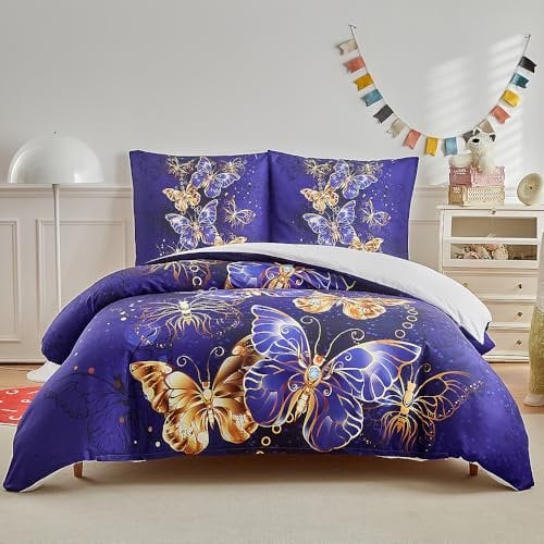 WUMIUER Violett Bettwäsche 135x200 cm Set 2tlg Lila Golden Schmetterling Bunt Druck - Weich Bettbezug 135x200cm und 1 Kissenbezug 80x80cm mit Reißverschluss - Mädchen Jungen Kinderbettwäsche