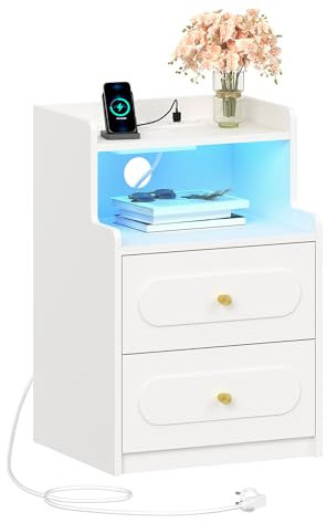 HEXCELEN Table de Chevet avec Lumière LED et Multiprise, Table de Nuit avec 2 Tiroirs et 1 Compartiment Ouvert, Tables d'appoint avec Rangement, pour Chambre à Coucher, Salon, Moderne, Blanc
