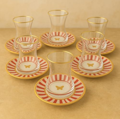 Çetintaş dış ticaret Juego de 6 vasos de té turco con platillos, diseño de rayas rojas y oro y mariposas, con borde dorado