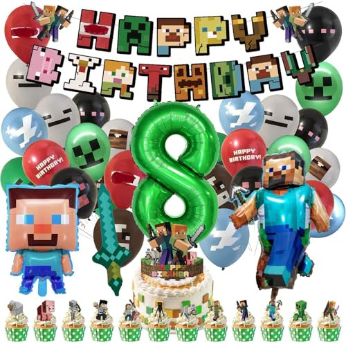 Milygobam 30pcs Birthday Decorations,Happy Birthday Balloon,Gaming Party Decorations,Cake Topper,Foil Balloons,Gaming Theme Party Supplies Decoration