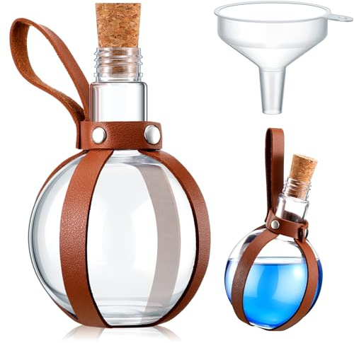Baderke 1 Set Plastic Potion Bottle with Belt Cork, Thread, Coffee | 8 oz Round Spherical Bottle for Drinking, Wizard Costume Cosplay Accessories, Candy Jar for Halloween Party Decorations