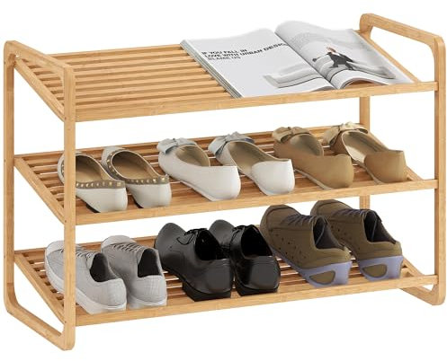 HOMCOM Étagère à Chaussures en Bambou à 3 Niveaux, Porte-Chaussures capacité 12 Paires, étagère de Rangement pour entrée, Couloir, Salon, 76 x 33 x 50,8 cm, Effet Bois Naturel