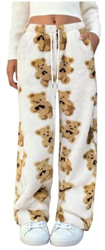 Pyjama für Damen UK Fleece Loungehose Teddybär Pyjamahose Winter Plüsch flauschig Pyjamahose niedlicher Bär bedruckt bequem weich warm lange Hose warme Nachtwäsche verdickt Plüsch Yogahose Damen Weiß