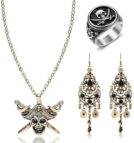 OPVXZAD Piraten Schmuck Set, Retro Totenkopf Accessoires, Halloween Cosplay Party Schmuck, 3 - teiliges Set mit Anhänger Ring Ohrringe, für Piraten Cosplay, Halloween, Karneval, Fans von Vintage Stil