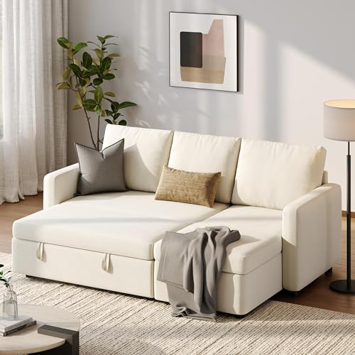 Yaheetech L-Shaped Sofa Bed 3 Seater Couch Pull Out Sectional Couch Bed Convertible Settee Click-Clack Corner Sofa with Storage for Living Room, Office, Beige