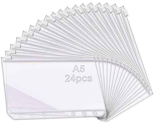 mawmuaw A5 Binder Taschen 24 Stück Budget Binder PVC Budget Planner Zubehör Wiederverwendbar Ringbucheinlagen Reißverschluss Klarsichthüllen für Ringbuch A5 6 Ringe Ordner Mappe Schnellhefter