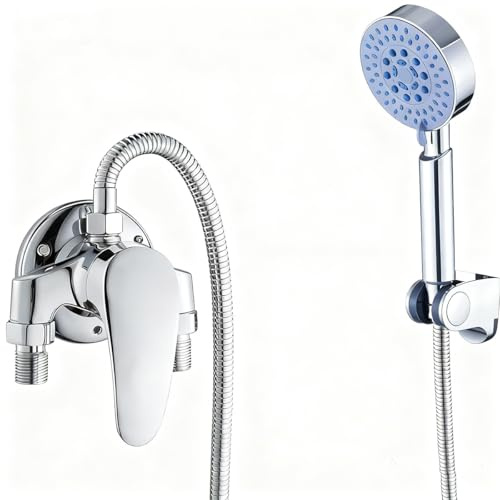 Grifo mezclador de ducha con manguera de 1,5 m y cabezal, juego de grifo de ducha montado en la pared, válvula mezcladora manual para agua fría y caliente, acabado cromado