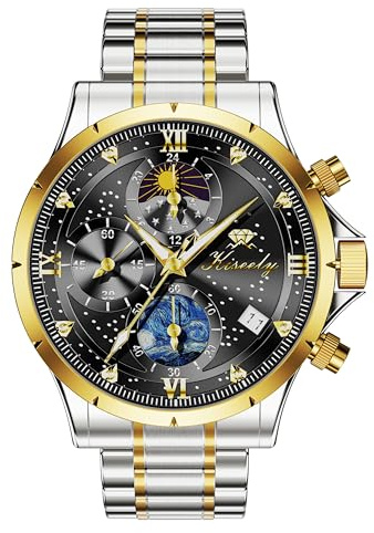 Kiseely Uhren Herren Edelstahl Armbanduhr Chronograph Quarz Herrenuhr Große, Mondphase Analog Quarz Armbanduhren Stylisch Klassisch Armbanduhr Mit Datum (Schwarzer Edelstahl K1)