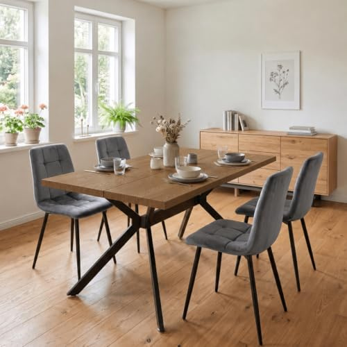 LEWE esstisch Holz mit 4 Dunkelgrau Holländischer Samt stühlen Set | Dunkle Rechteckig Tischplatte 140 x 80 cm, Stuhl-und Tischbeine aus Metall, ergonomisch, geeignet für Küche Wohnzimmer