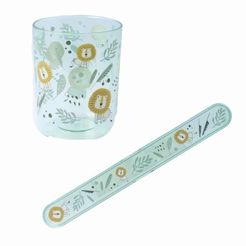 PARSA Beauty Kids Zahnputz-Set Safari | 2-teilig: Zahnputzbecher (200ml) & Zahnbürstenköcher, Blau & Grün Transparent mit süßen Tier-Motiven Bruchfestes