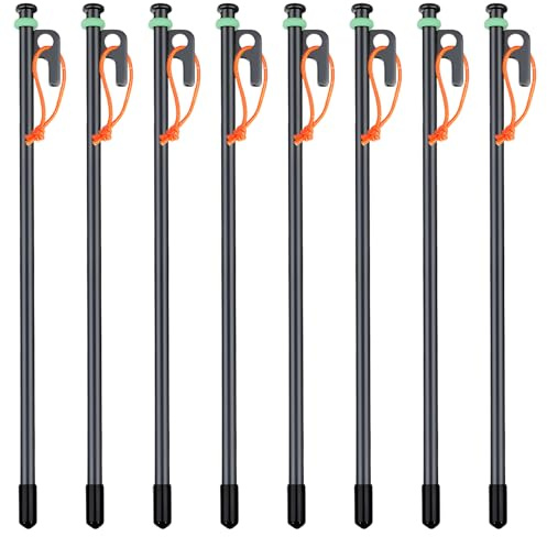 8 PCS Heavy Duty Tent Pegs, 40cm Tent Pegs Metal Heavy Duty Rust-Proof High Camping Tent Stakes with Hook Hole Lifting Rope Pit Peg Cover Glow-In-The-Dark Ring for Camping Hiking Garden Hard Ground