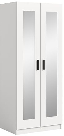 xonox.home – Kleiderschrank Visby 80x195x56 cm in Weiß – Wäscheschrank mit 2 Spiegeltüren, Kleiderstange & Ablage – Praktische Spiegelfront vergrößert den Raum optisch & bietet Platz für Garderobe