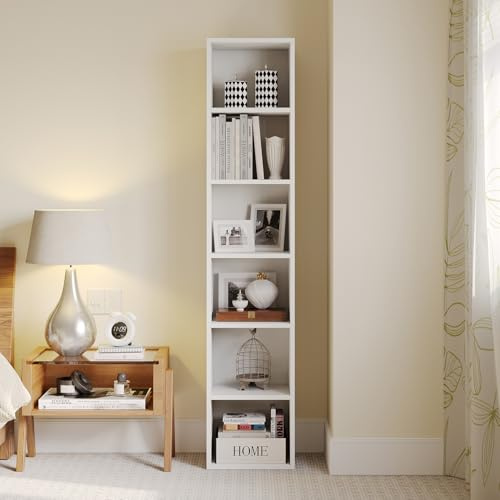 CoziBB Tall Narrow Bookcase 6 Tier, Bookshelf Display Rack, Modern Open Storage Shelves Unit for Living Room, Bedroom, Home Office, 23.5 x 30 x 181 cm, White