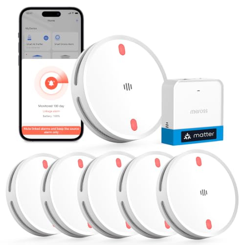 Meross Matter Rauchmelder Vernetzter mit MSH450 Hub, Smart WLAN Feuermelder | Smart Home Rauchwarnmelder mit App-Alarm, rotem LED-Fluchtlicht, mit Apple Home, Home Assistant, EN14604-konform, 6er-Set