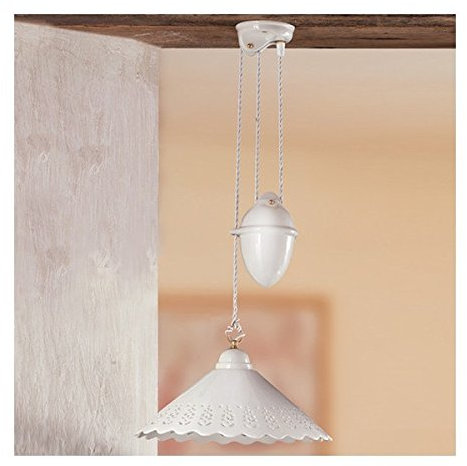 Lampadario saliscendi in ceramica con contrappeso e piatto liscio traforato - Ø 30 cm