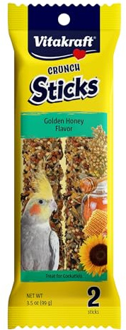 Vitakraft Crunch Sticks Cockatiel Treats Golden Honey Flavor – Triple-Baked Snack with Vitamins A D3 E Riboflavin and B12 – Natural Wood Chew Center and Cage Clip Holder – Engaging 2 Stick Pack