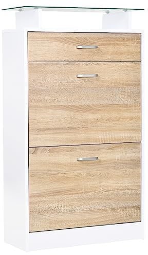 HOMCOM Armoire à Chaussures Meuble Rangement Chaussures 2 Portes abattantes 2 Compartiments, tiroir, Plateau en Verre - Bois chêne Blanc
