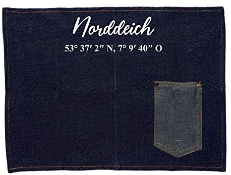 WB wohn trends Platzset Jeans-Stoff, Norddeich mit Koordinaten, mit Tasche für Messer und Gabel 40x30cm blau weiß Textil-Untersetzer Tisch-Set