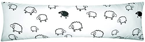Heubergshop Mako-Satin Seitenschläferkissen Bezug 40x145cm - Süße Schafe Lämmer in Weiß/Schwarz - 100% Baumwolle, Stillkissenbezug Bezug (099/2-MS)