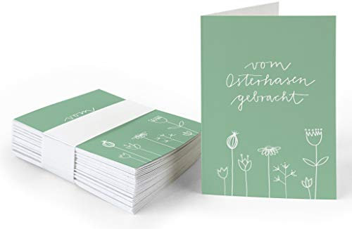 25 Geschenkanhänger - vom Osterhasen gebracht - Ostergrüße Grün Weiß mit Blumen, originelle Mini Osterkarten zum Ostergeschenke Beschriften, edel exklusiv individuell, A7 Recyclingpapier Klappkarten