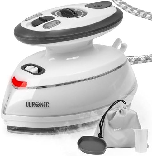 Duronic SI3 WE Mini Ferro da Stiro, Ferro da viaggio a vapore 400W, Serbatoio 35ml, Steamer portatile con base d’appoggio e borsello da viaggio, Per lavori di cucito, quilting, Bianco