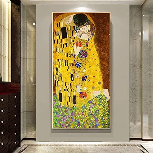 Goldrahmen Berühmte Kunst Gustav Klimt Der Kuss Klassische Gemälde Druck auf Leinwand Kunstposter und Druck Wandbilder auf Leinwand 50 x 112 cm (20 x 44 Zoll) mit Rahmen