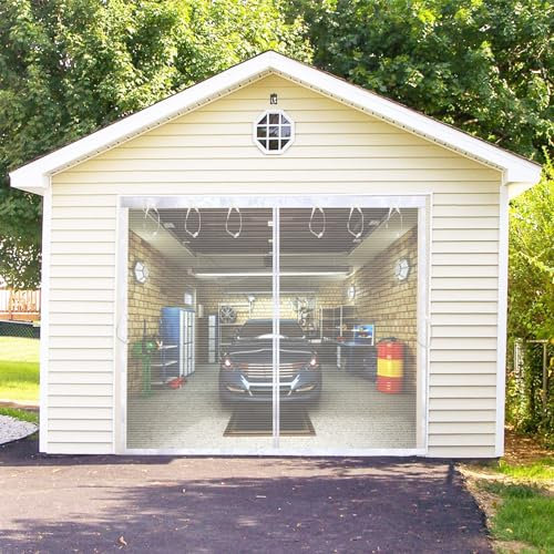 SANJINFON Magnetic Garage Door Screen Kit 12x7 FT White - Retractable Mesh Net Screen Door with Fiberglass Mesh for 1 Car Garage 12x7ft, Blocks Bugs & Provides Privacy - Perfect for Workshop Gym Patio
