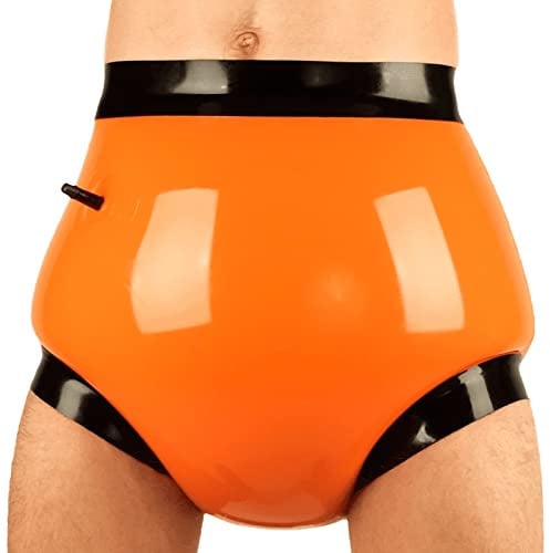 Orange und Schwarz aufblasbarer sexy Latex-Slip mittlere Taille Gummi-Shorts Windeln Abdeckung Düse Unterhose, Orange mit Schwarz, Damen L