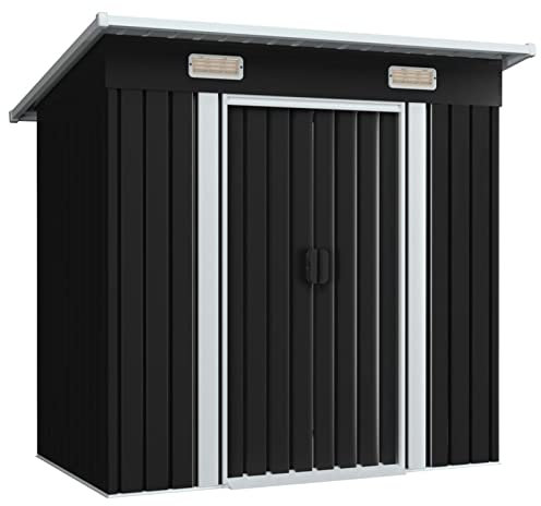 Homgoday Gartenschuppen mit Tür Gerätehaus Geräteschuppen mit Schiebetür Gartenhaus Garten Schuppen Gerätehaus mit Pultdach Geräteschrank für Garten Anthrazit Metall