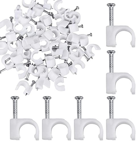 Trimming Shop 100pcs White Cable Clips with Steel Nail, Strong Nail Clips Round Cable Wire Tacks for Electrical Cable, TV Cable, Telephone Wire Tidy Cable Management Pins, 8MM