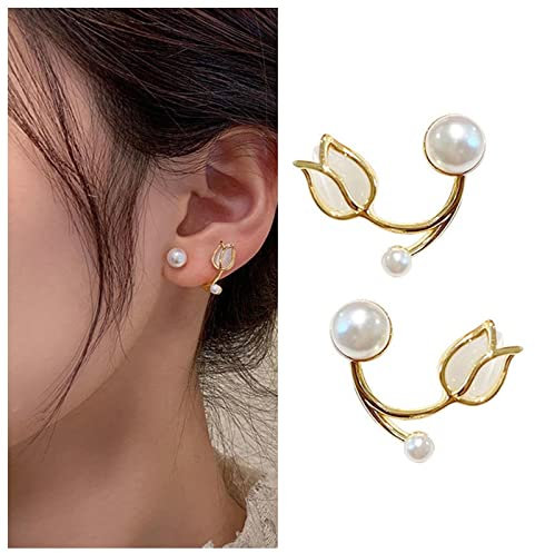 Yienate Boho Perlenohrring Manschette Wickelohrring Tulpe Blume Ohr Jacke Ohrring Statement Perlenpiercing Wrap Ohrstecker Gold Flora Vorne Hinten Kletterer Krabbler Ohrringe Schmuck Für Frauen