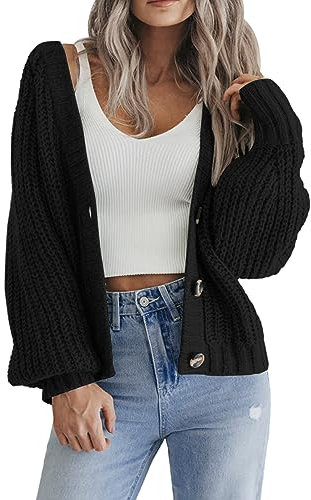 Hotouch Strickjacke Damen Kurz V-Ausschnitt Knopfleiste Strick Cardigan Schwarz Langarm Gestrickte Jacke Elegant Casual Strickmantel M