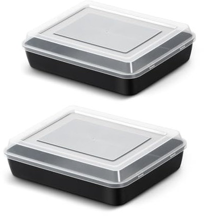 Homikit Bandeja para hornear con tapa, acero inoxidable grande con revestimiento antiadherente negro, juego de 2 unidades, molde rectangular para panecillos lasaña 23,8 x 18 x 4,8 cm, fácil de limpiar