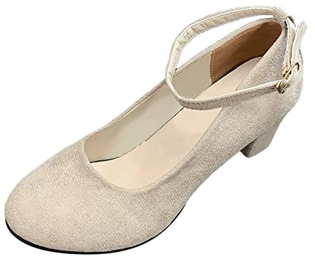 Nuovo tacco medio punta rotonda tacco spesso fibbia taglio superficiale camoscio retrò singolo scarpa sandali donna sandalo 8, Beige, 36.5 EU