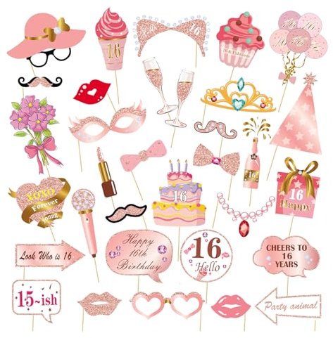 VIKY® 33 Stück Fotobox Accessoires Geburtstag Roségold, Glitzer Fotobox Requisiten 16 Geburtstag Deko, Party Accessoires Geburtstag Frauen, Foto Requisiten 16. Geburtstag, Party Zubehör Fotobox